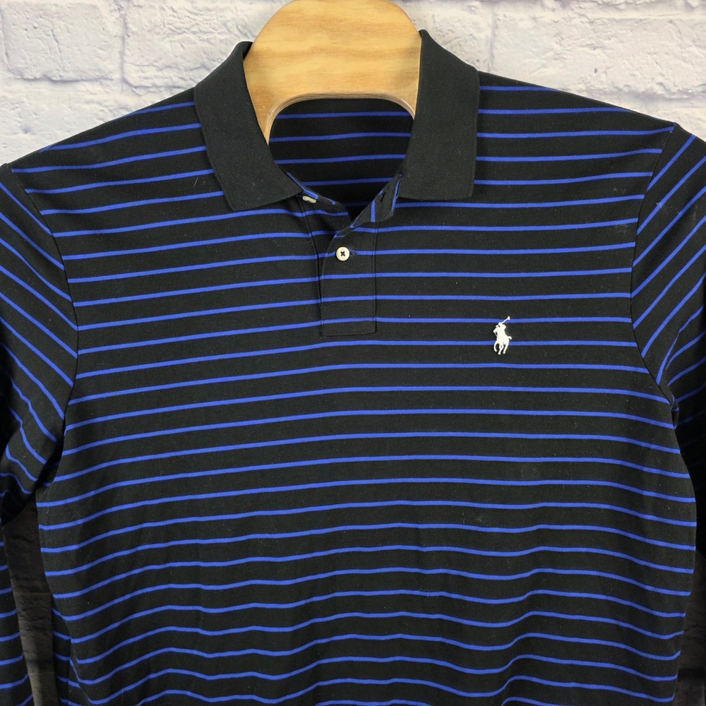 Polo Ralph Lauren Men Long Sleeve Striped Polo Shirt Black Blue Cotton Size XL